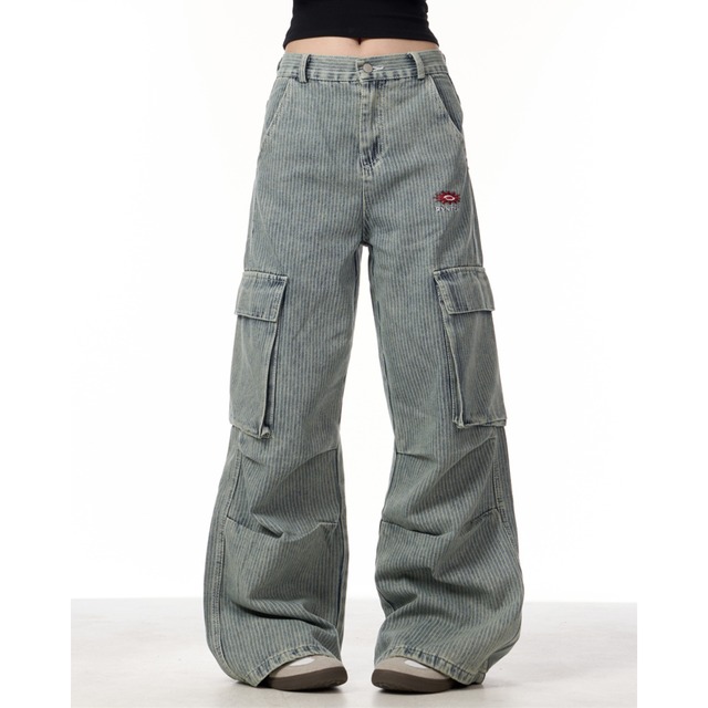 stripe embroidery point cargo denim　ストライプ刺繍ポイントカーゴデニム　J0665