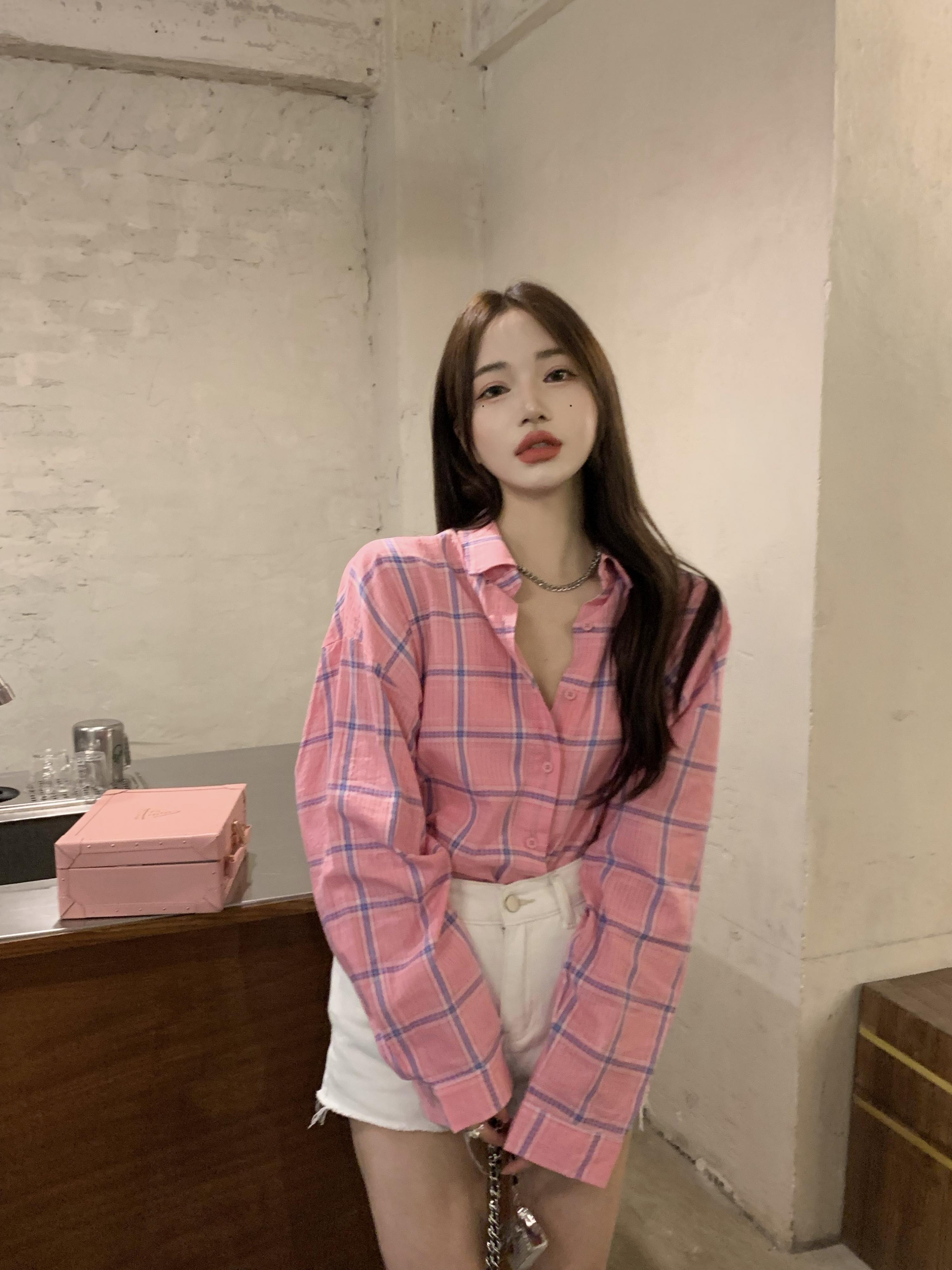 格子柄シャツ ルーズサマー薄手トップス ロング ピンク 夏物 ブラックストロベリース84967870184