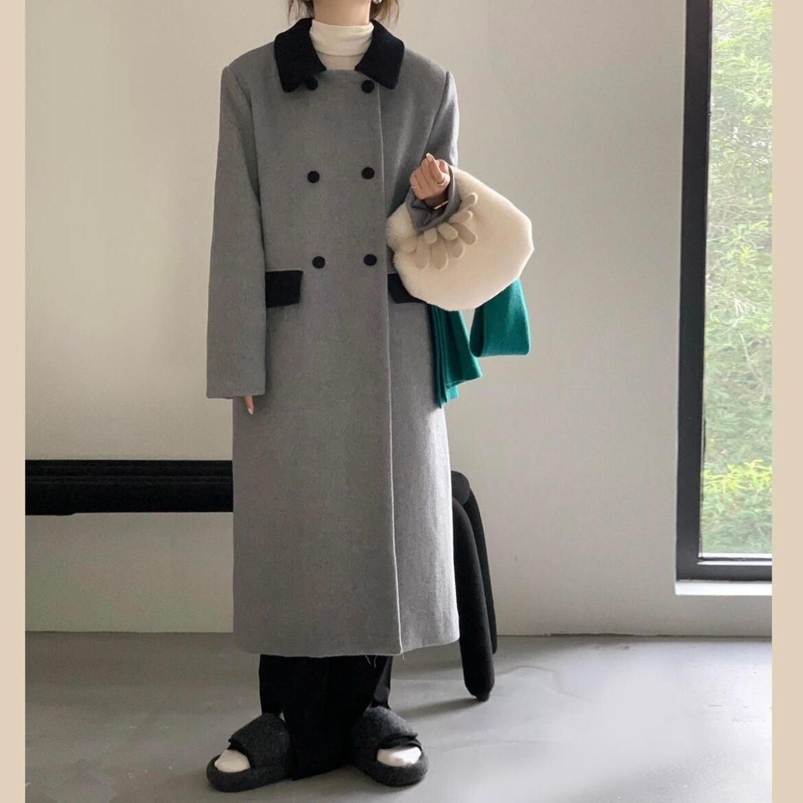 ZARA グレー ボア ダブルブレスト ロングコート 美品 グレー ダブルブレスト ロングコート ZARA グレー ボア ダブル