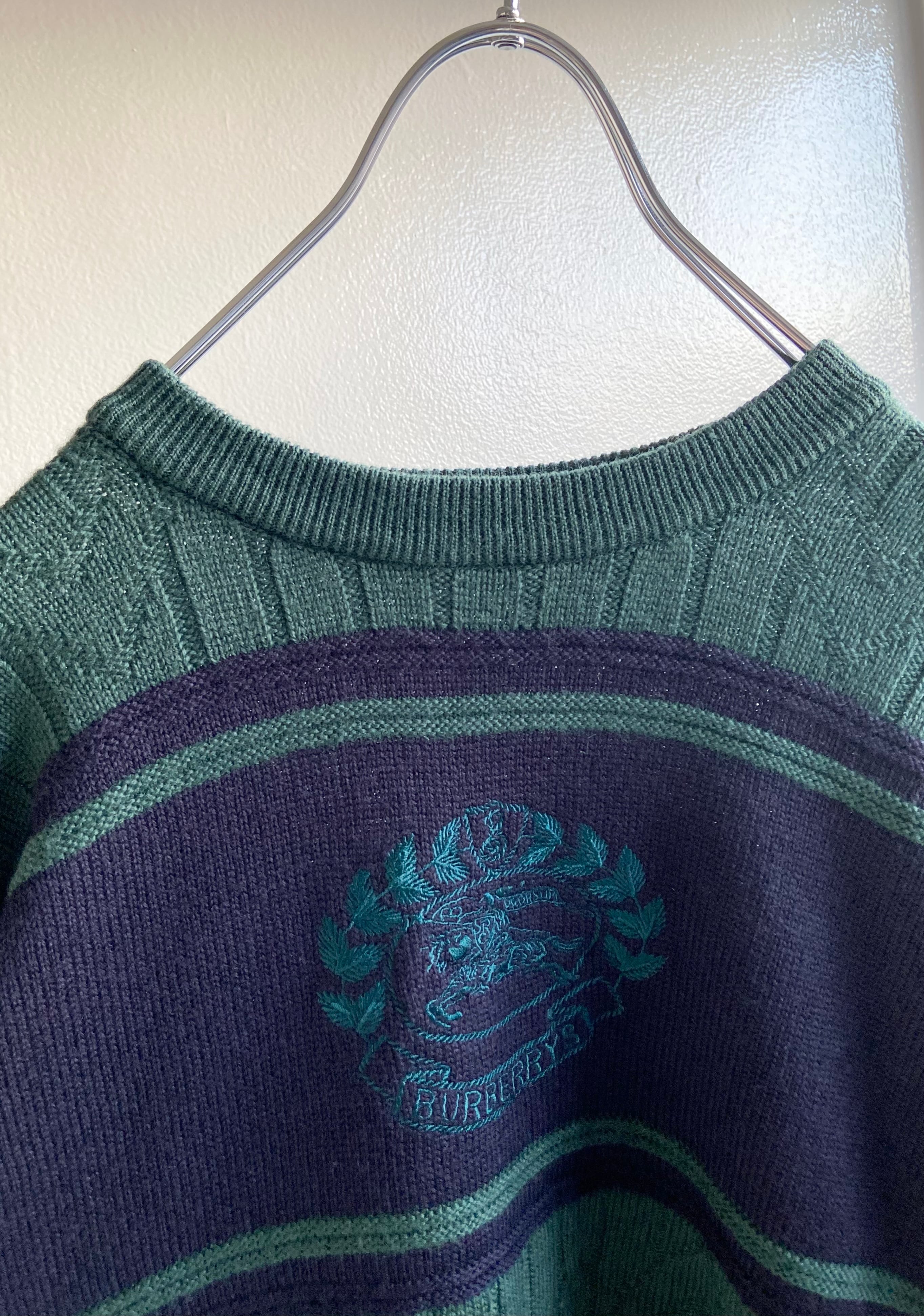 美品 Burberrys/バーバリーズ 90s ニット 製　刺繍 ホースロゴ　深緑 ウール素材