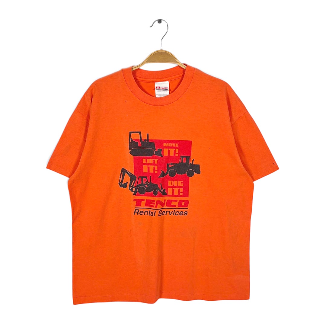 90s ブルドーザー ショベルカー TENCO 企業系 ヴィンテージ Tシャツ 重機レンタル オレンジ シングルステッチ サイズL 古着 BZ0576