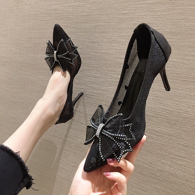 ブラックリボンヒールレディーススプリングメッシュシングル 靴 シューズ ハイヒール 春物 フェイクシューズ43351465092