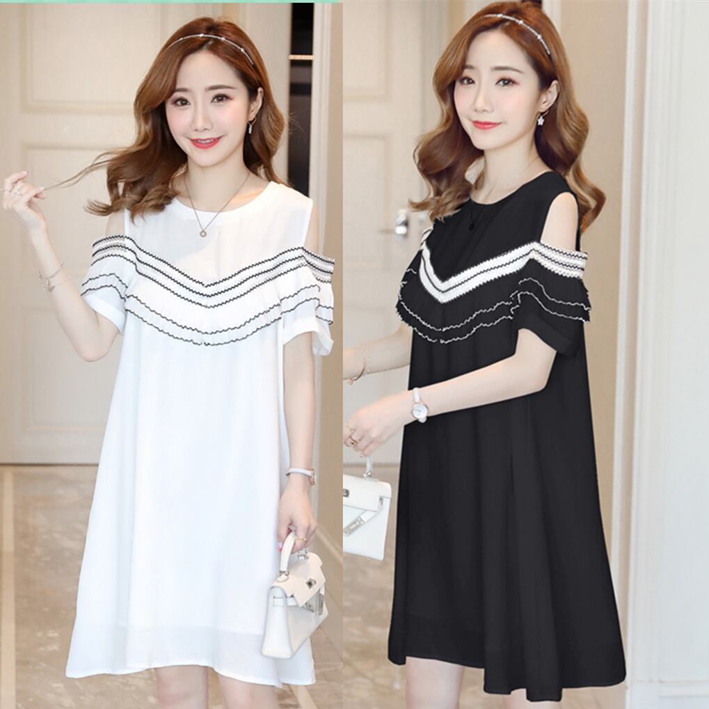 【新作】【送料無料】 マタニティドレスサマーフリルホローショルダー半袖ルーズスタイリッシュドレス妊婦ママドレス ショート ハーフスリーブ ラッフル 夏物 AL expec325009733977