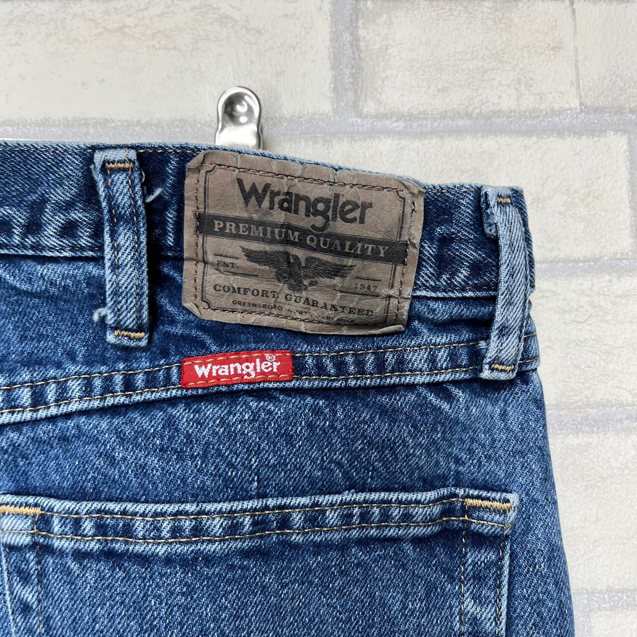 W35×L30#裾上げ済み】wrangler デニムパンツ 革パッチ ブランドタグ 