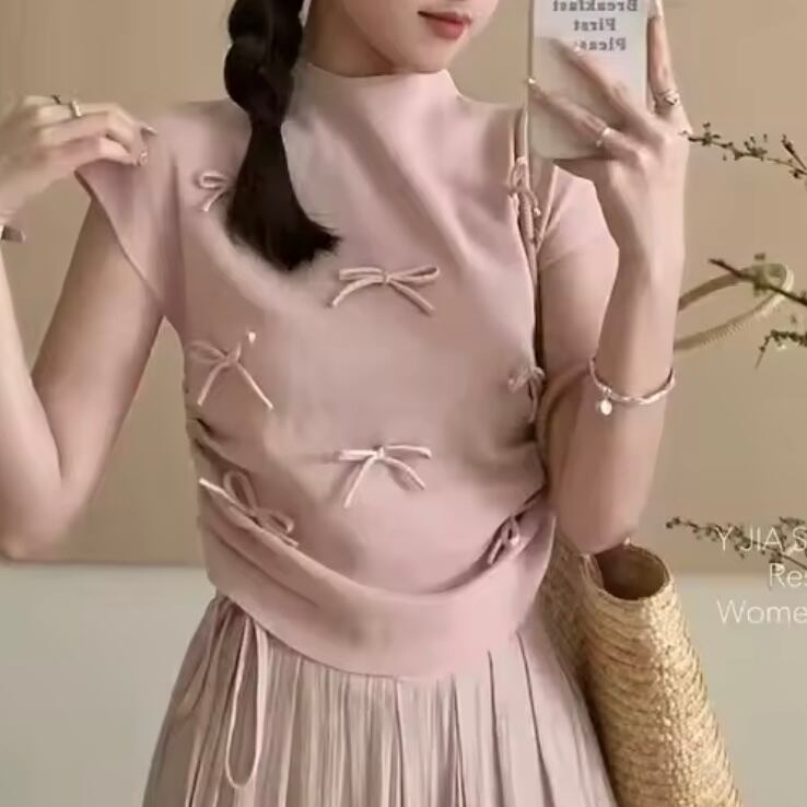 リボンモチーフクルーネックニットTシャツ