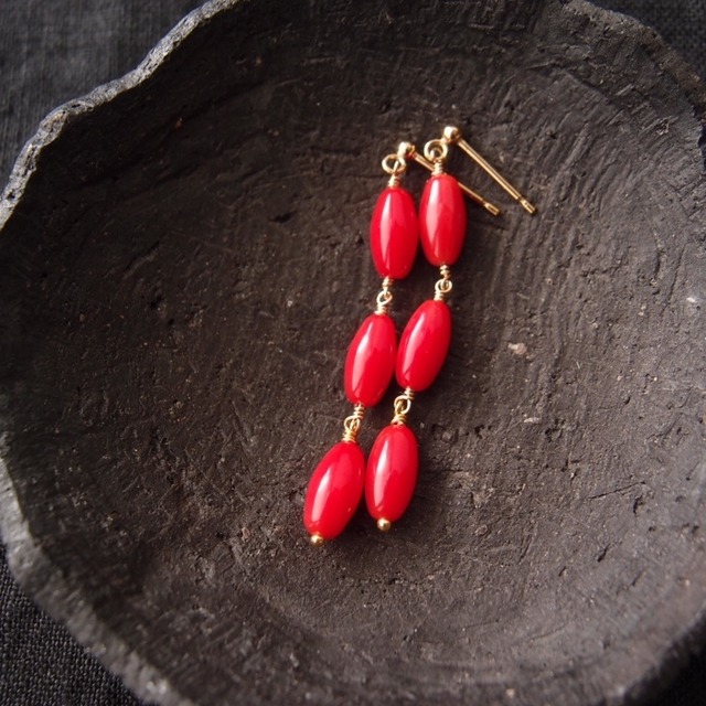 【K14gf・受注制作】Red Coral Long Earrings／レッドコーラル ロングピアス（Rice Shape）