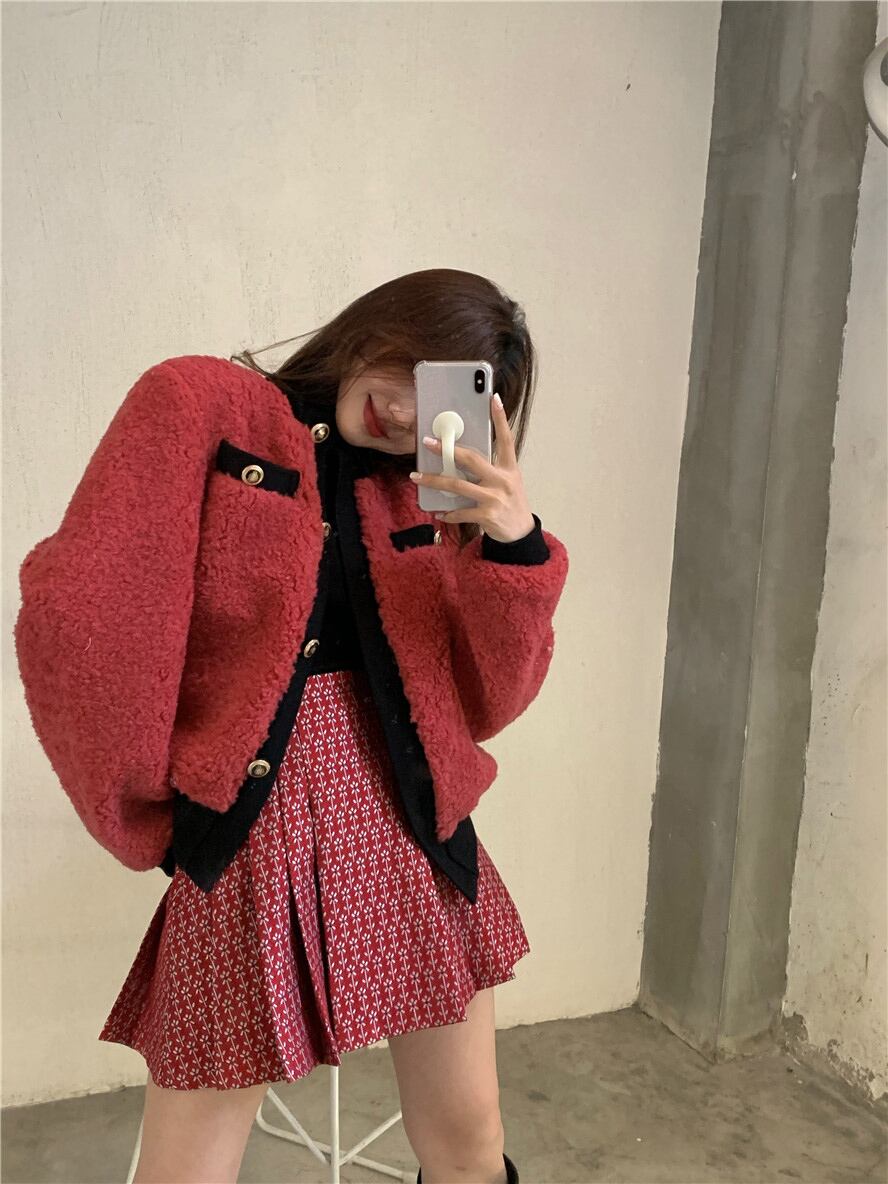 ウールショートコート ルーズスタンダードカジュアルレッドブラウス スプリング レトロ 春物 ブラックストロベリース99318718835