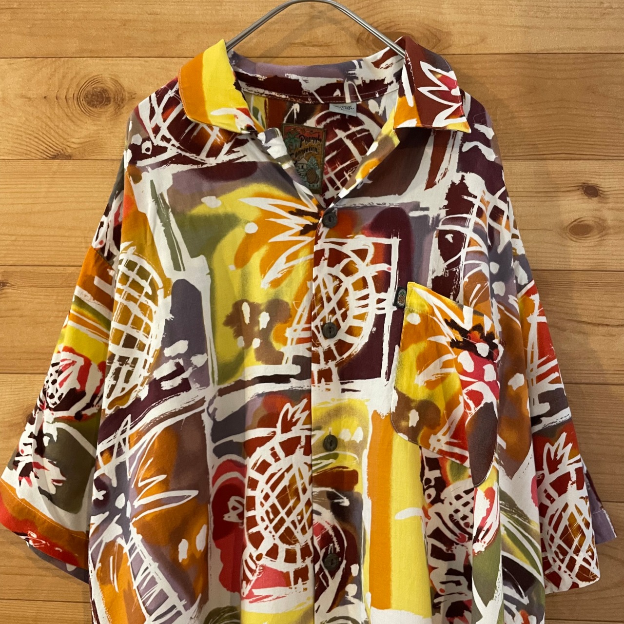 【Pineapple Connection】韓国製 アロハシャツ 半袖 柄シャツ パイナップル 亀 椰子の木 レーヨン 総柄 L US古着 アメリカ古着