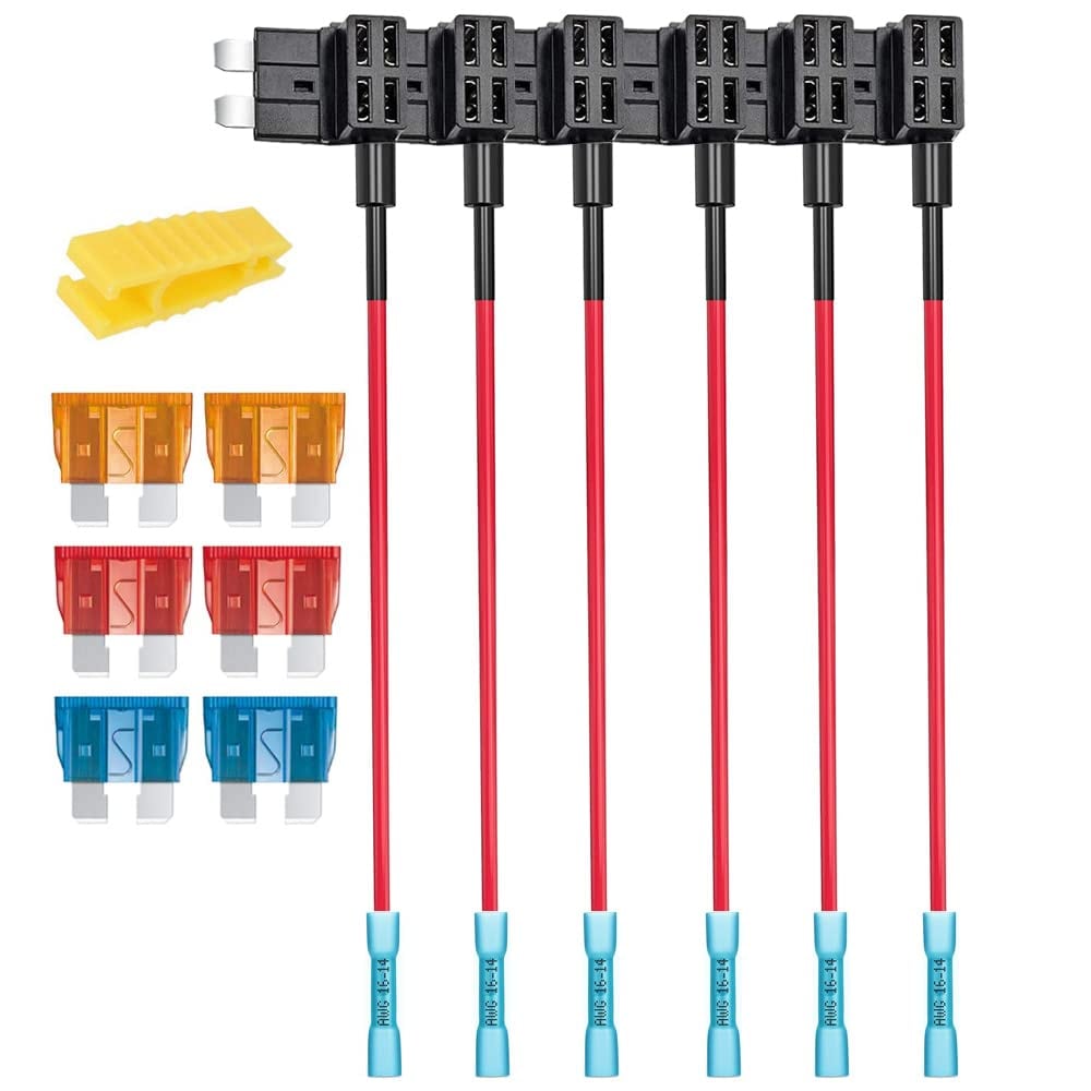 KILIGEN 6個の12V 24V標準回路追加ヒューズタップ、熱収縮端子付き、ATSミディアムピギーバックブレードヒューズホルダー、ワイヤーハーネス付き、6個の標準ヒューズ(5A/10A/15A)およびヒューズプラー