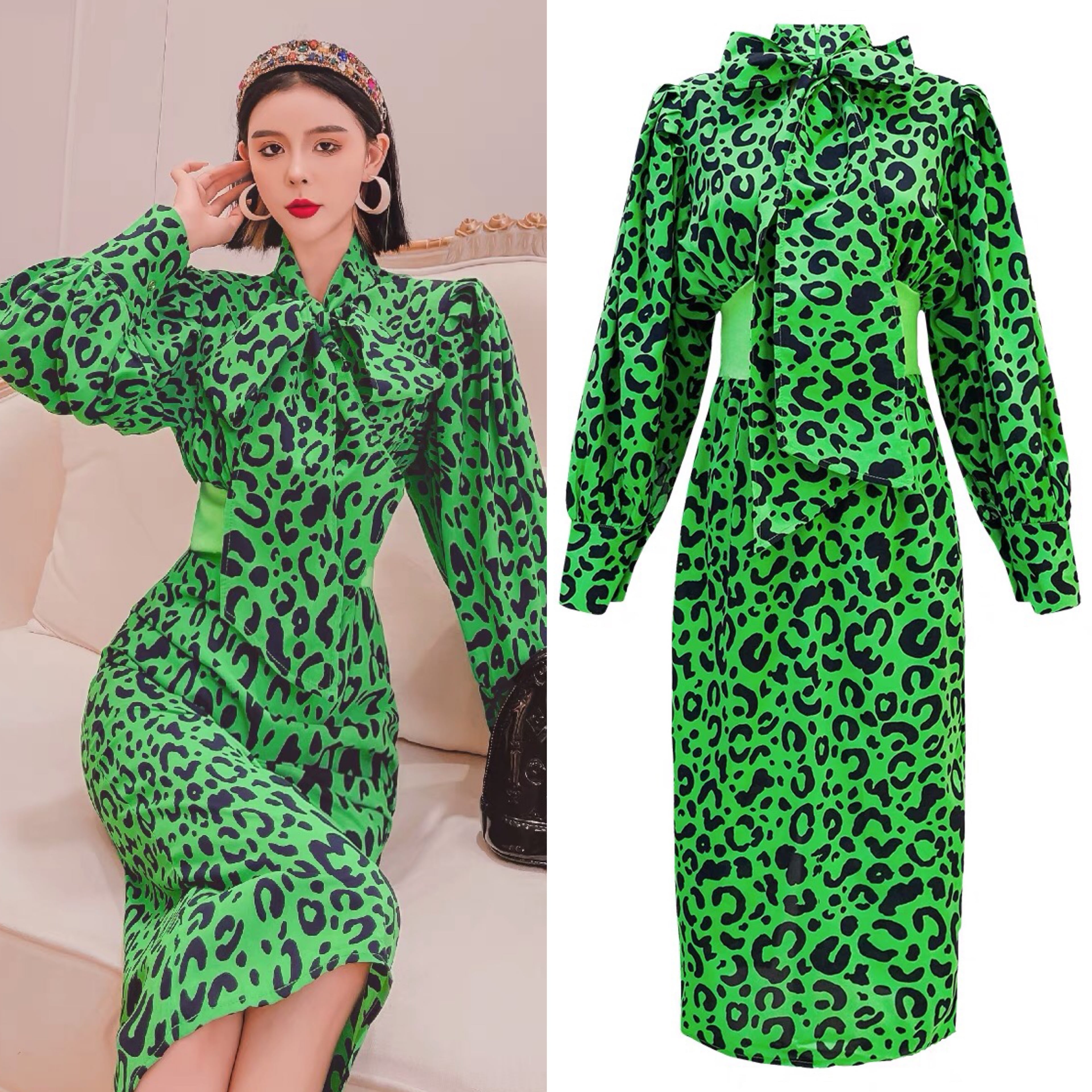 希少✨DOLCE&GABBANA ドレス ワンピース レオパード ドレープ 緑 ワンピース 緑 グリーン ブラウス シャツ エレガント ワンピース
