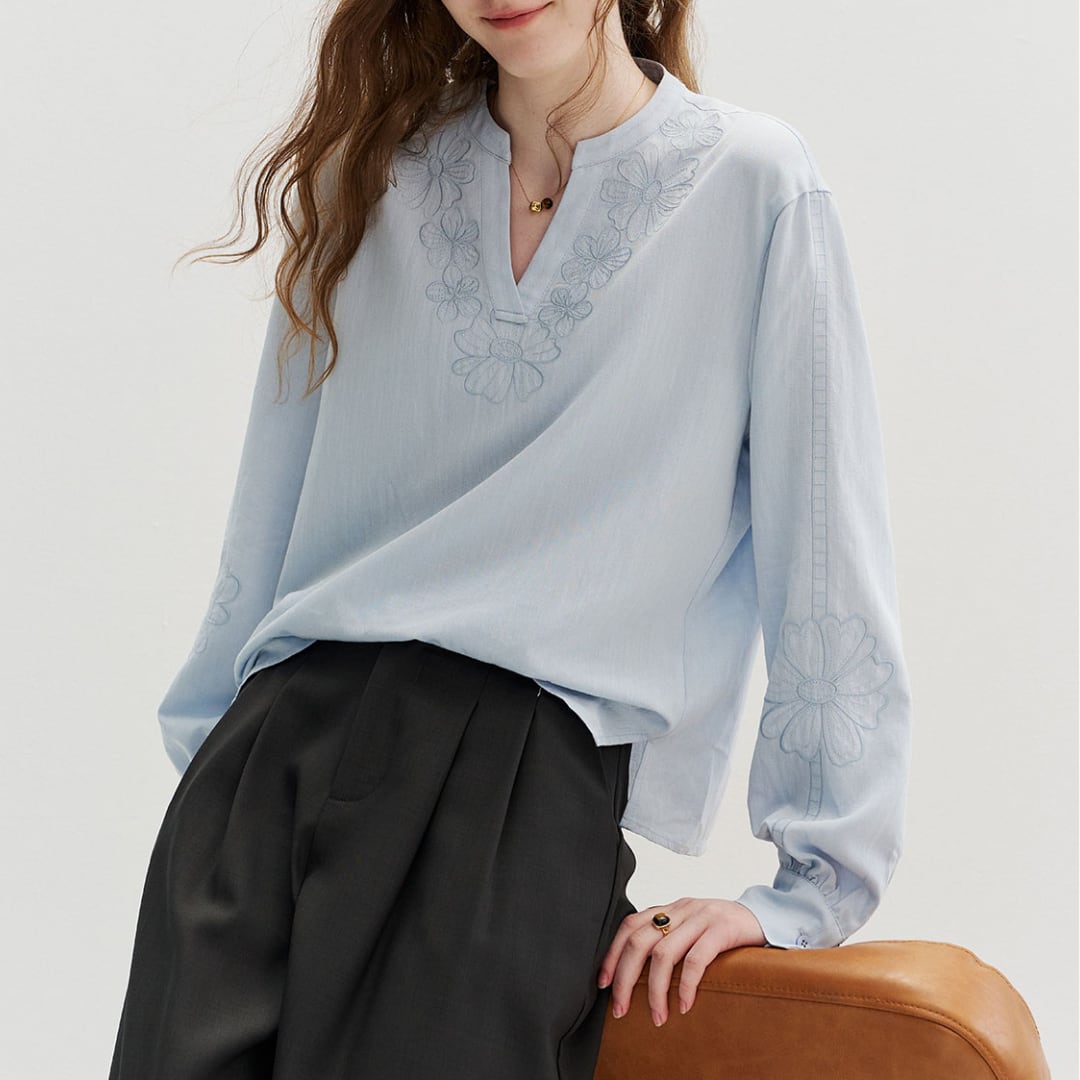 embroidery v neck tencel blouse