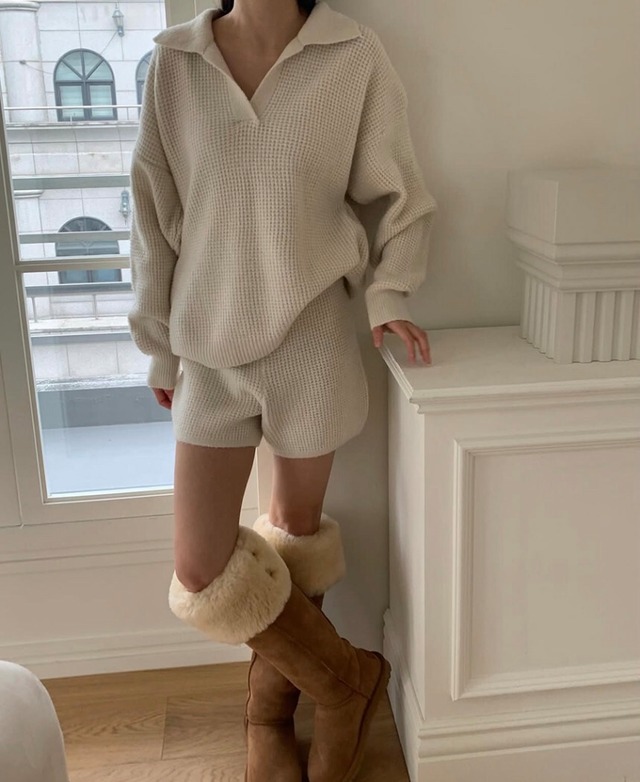 waffle knit tops&pants set