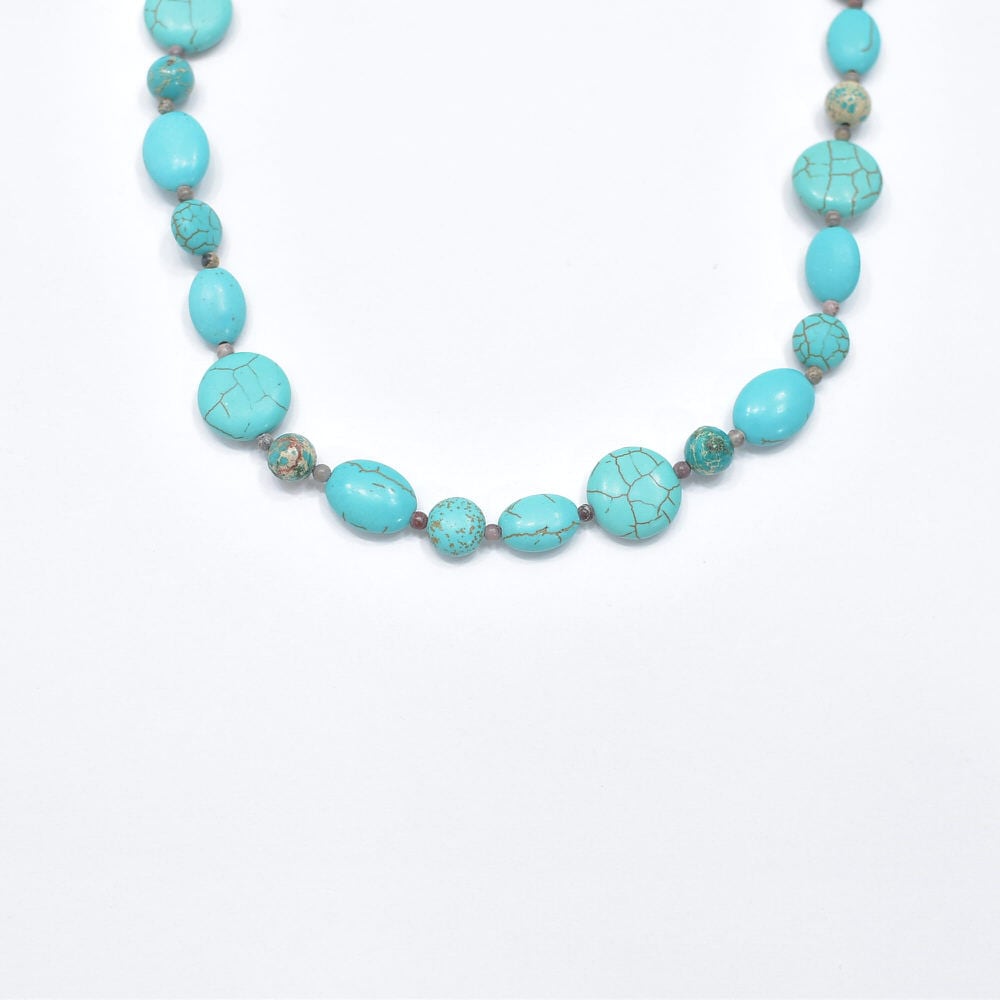 Used ターコイズ調 ビーズ マンテル デザイン ネックレス エスニック ボヘミアン ネイティブ ターコイズブルー ヴィンテージ ビンテージ 古着 ユニセックスデザイン