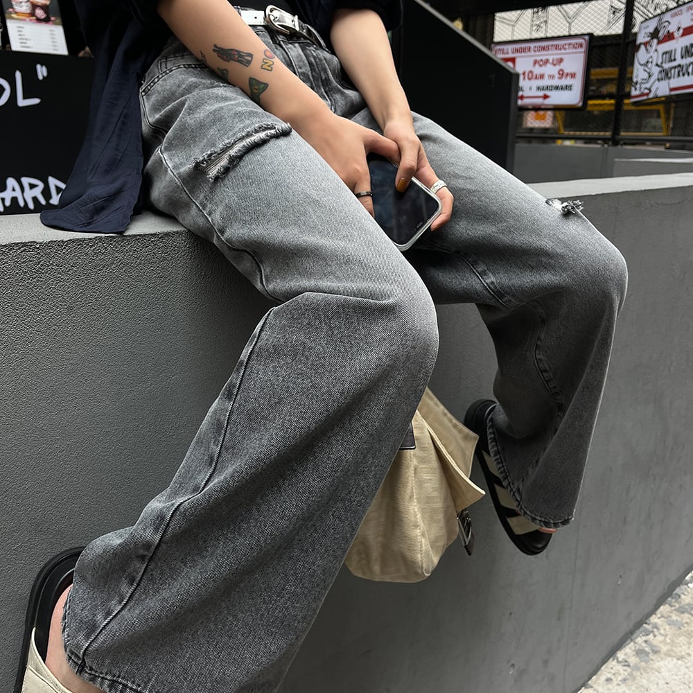 レッド デニム風 キャップ ダメージ ロゴ 古着系 メンズ ストリート系 韓国