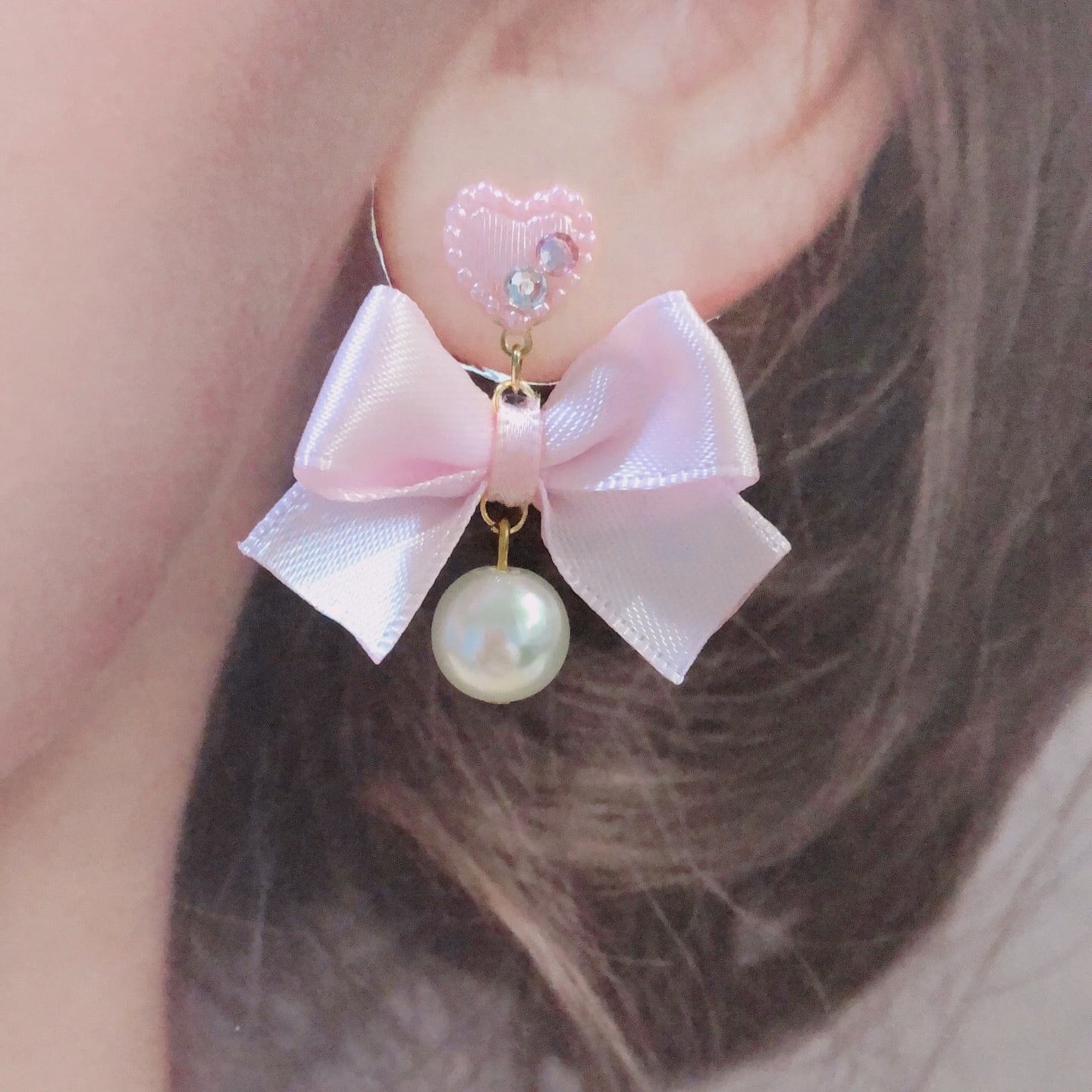 ハンドメイド♡w_heart♡耳飾り イヤリング ピアス ピンク-