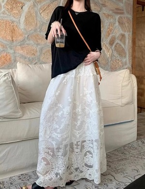 Sheer Lace A-Line Long Skirt