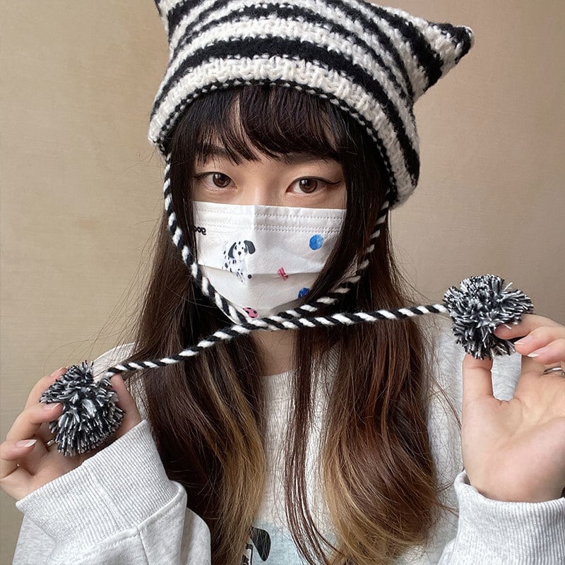 猫耳ニット帽 グレー Y2K 韓国風 猫耳ビーニー 手編み - その他