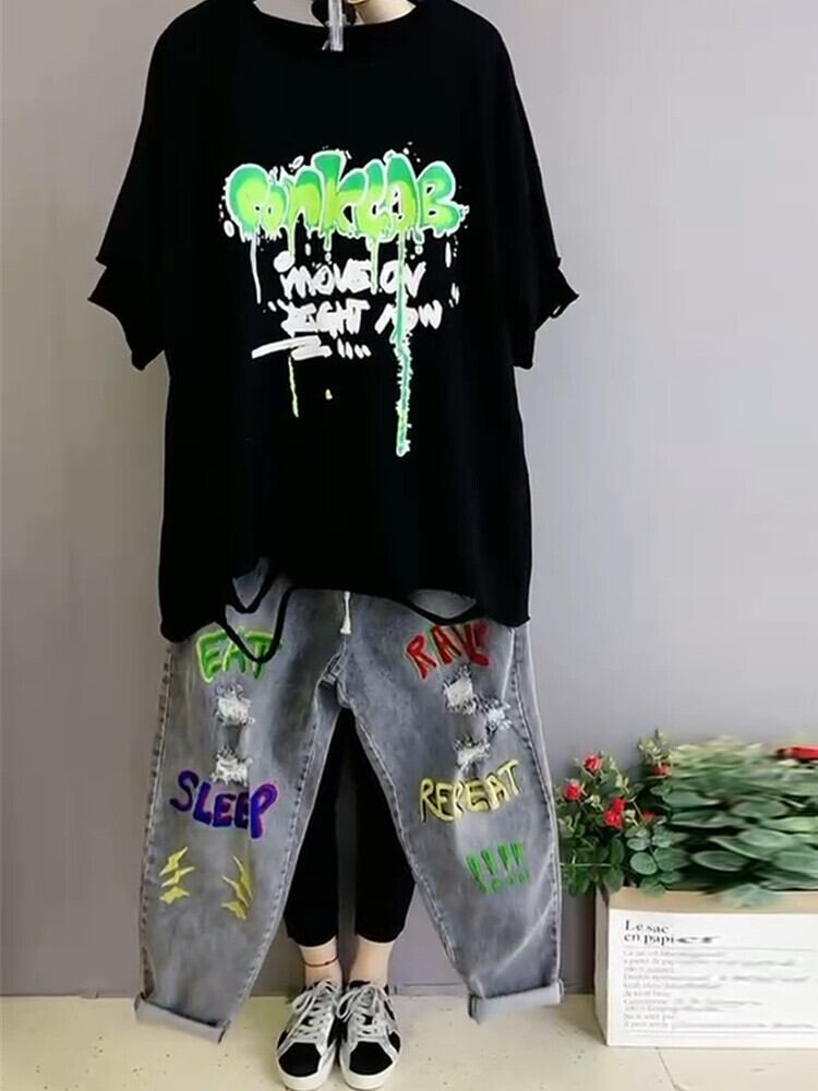 サマープリントカジュアルラウンドネックTシャツ レースカラージーンズ 大きめサイズ 夏物 Oネック ミックスインファッション83366964139