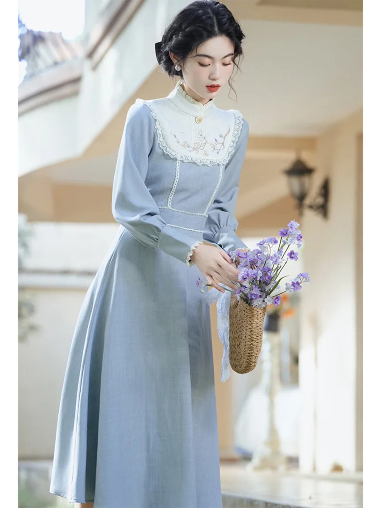 【0129】Light Blue Elegant Slim Long Sleeve Dress