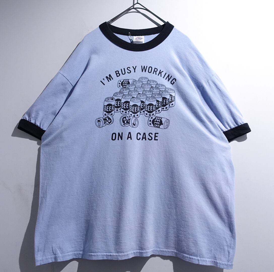 Light Blue x Black Beer Print Design Ringer T-Shirt