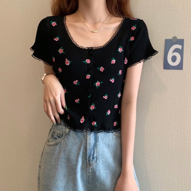 サマースタイルラウンドネックショートスリムレースニットカーディガントップス レディース 夏物 Oネック ハンチェンe93384860619