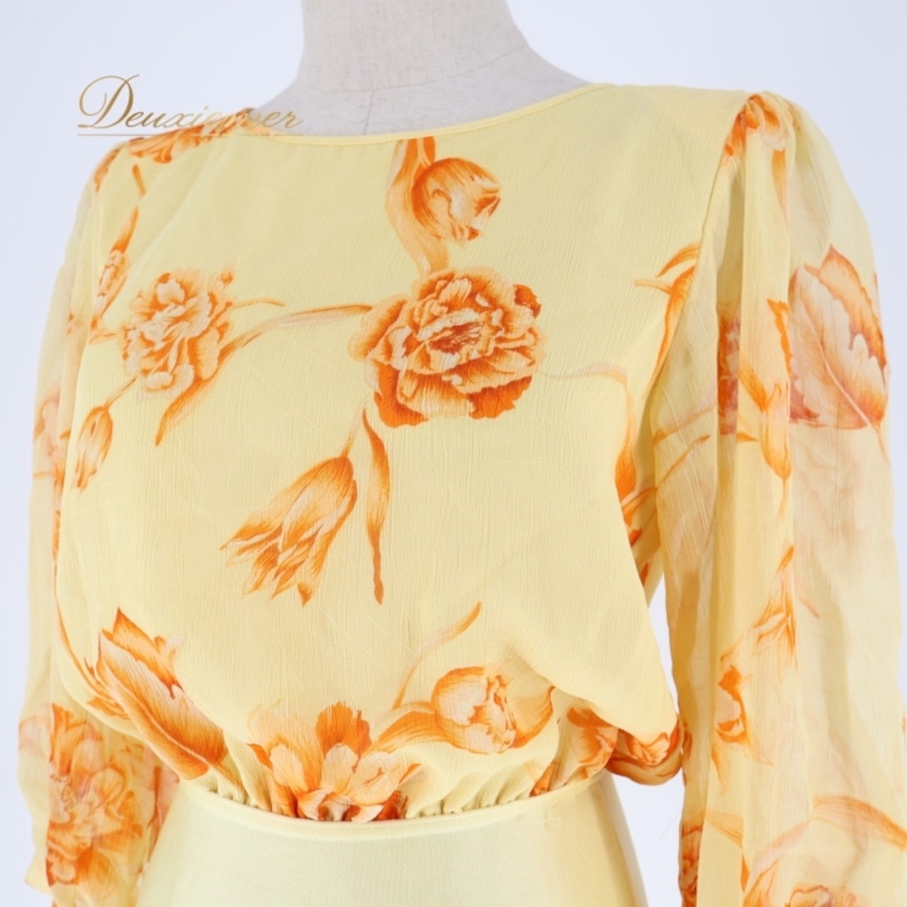 社交ダンス 衣装 トップス レオタード イエロー系 チャコット Chacott 花柄 伸縮 ストレッチ 練習 レッスン 黄 橙 日本製 かわいい シフォン 華やか ボタン 花 フラワー ダンス衣装 ステージ イベント オレンジ系