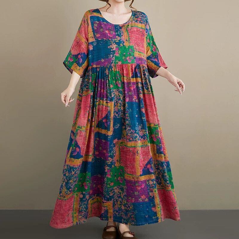PATCHWORK PRINT BOAT NECK 3/4 SLEEVES A-LINE MAXI DRESS 1color M-16210