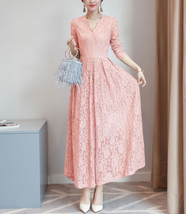 フローラルレース Vネック 長袖フレア パーティーワンピース ピンク