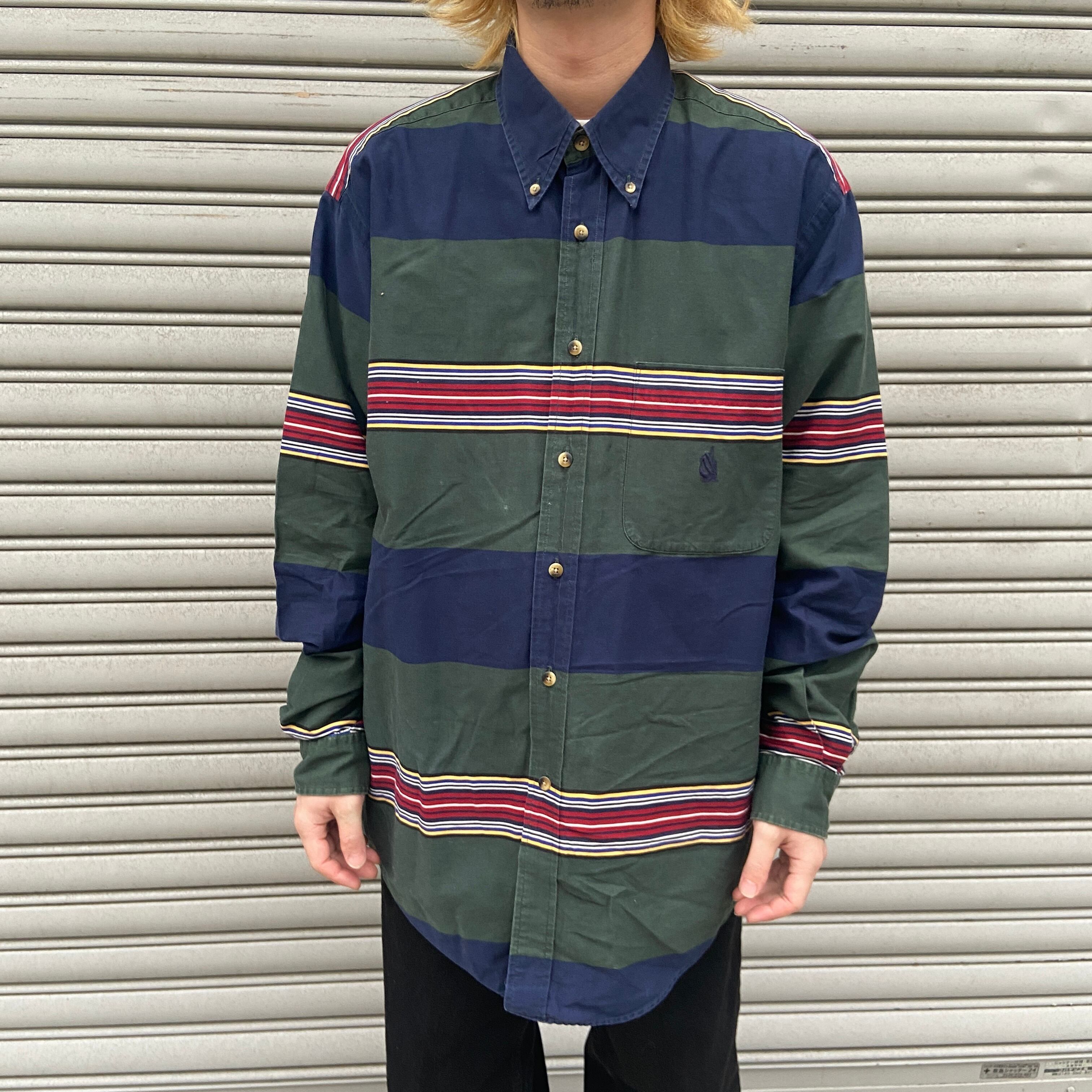 送料無料』90s nautica マルチボーダー長袖シャツ ボタンダウン L 