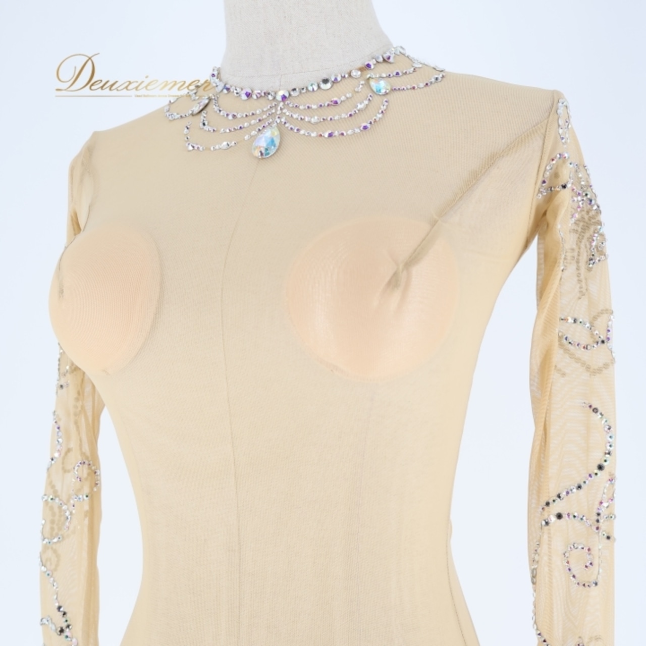 ダンス 衣装 トップス レオタード ベージュ系 新体操 社交ダンス フィギュアスケート ボディスーツ ラインストーン 競技 競技用 ダンス衣装 イベント ステージ 伸縮 ストレッチ 花 上品 華やか シルバー系