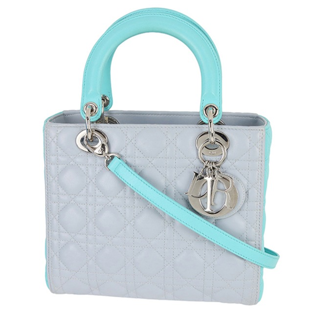 Used DIOR ディオール バッグ レディース レディディオール ミディアム カナージュ ラムスキン グレー ブルー 2WAY ショルダーバッグ ハンドバッグ 中古美品