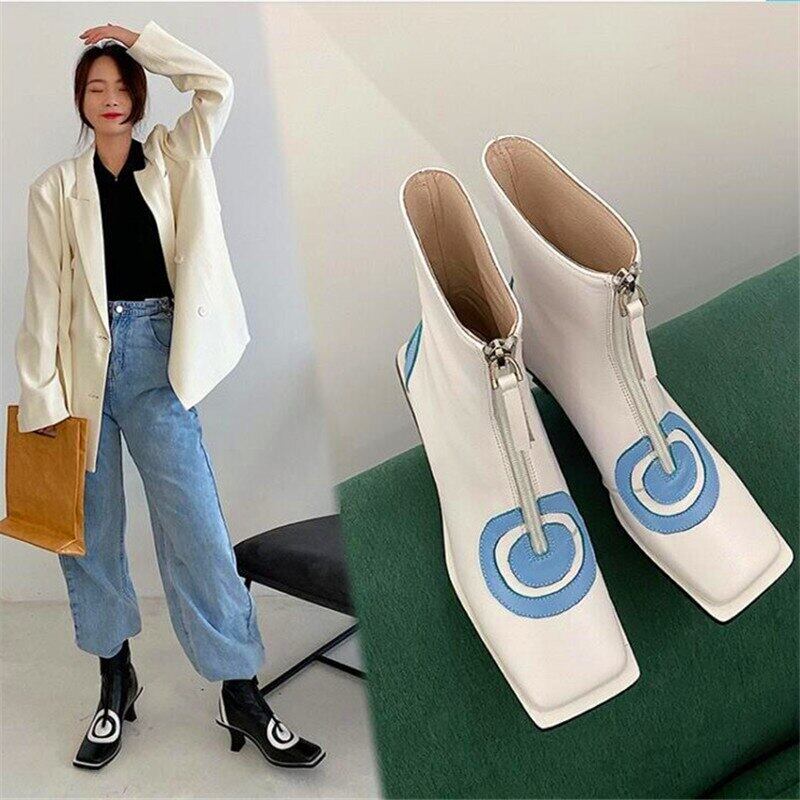 【新作】【送料無料】 カラーマッチング幾何学模様スクエアトゥレディースハイヒールブーツ黒と白の厚手のヒールブーツ秋冬レディースブーイング ホワイト ブラック 靴 シューズ オータム 秋物 ウィンター 冬物 スクウェア 10b320183008348