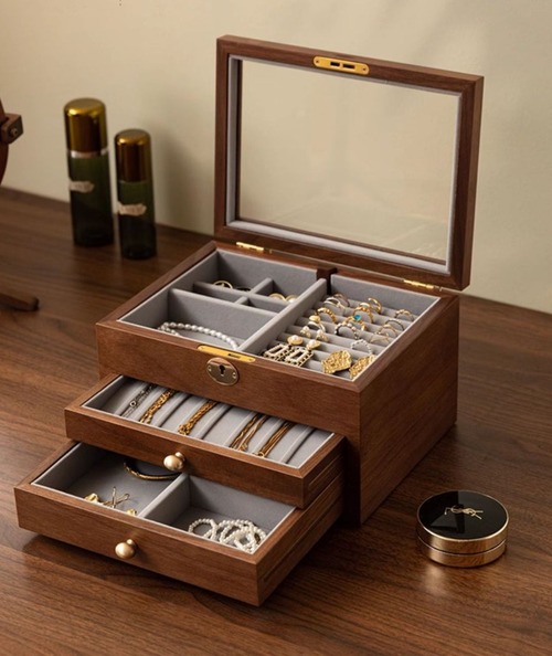 ジュエリーボックス 3段 鍵付き 木製 ウォールナット ガラス天板 アクセサリーケース 高級 宝石箱 多段収納 ベルベット内装 大容量