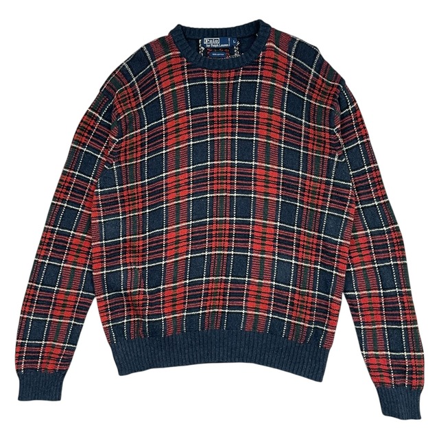 POLO RALPH LAUREN TARTAN PLAID COTTON KNIT SWEATER SIZE L (USED)