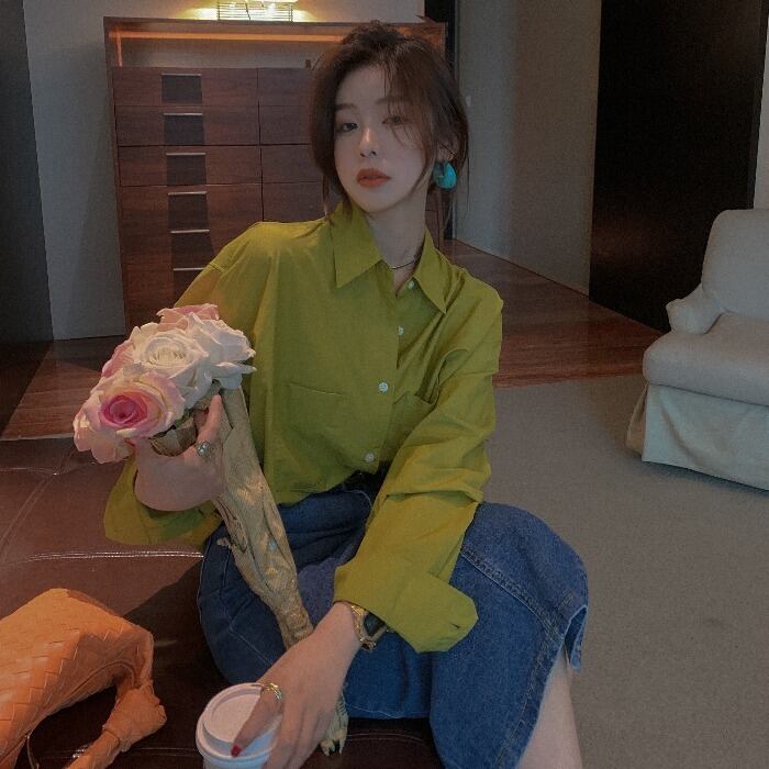 スプリングスタイルグリーンルーズシャツ レディース 春物 ドラファッションホール51347624342