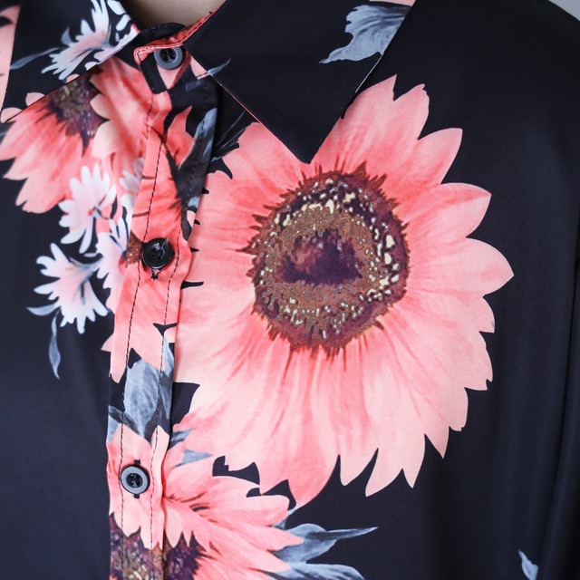 black base pink sunflower art pattern mode shirt