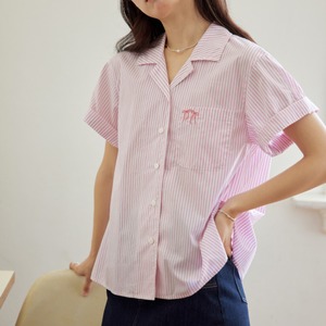 pink retro embroidered striped half sleeve shirt