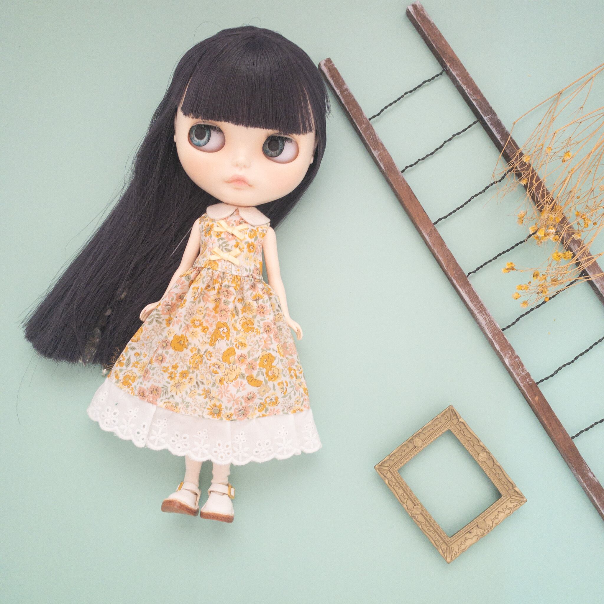 夏色ワンピース服（黄色花柄白レース）リカちゃんネオブライス  