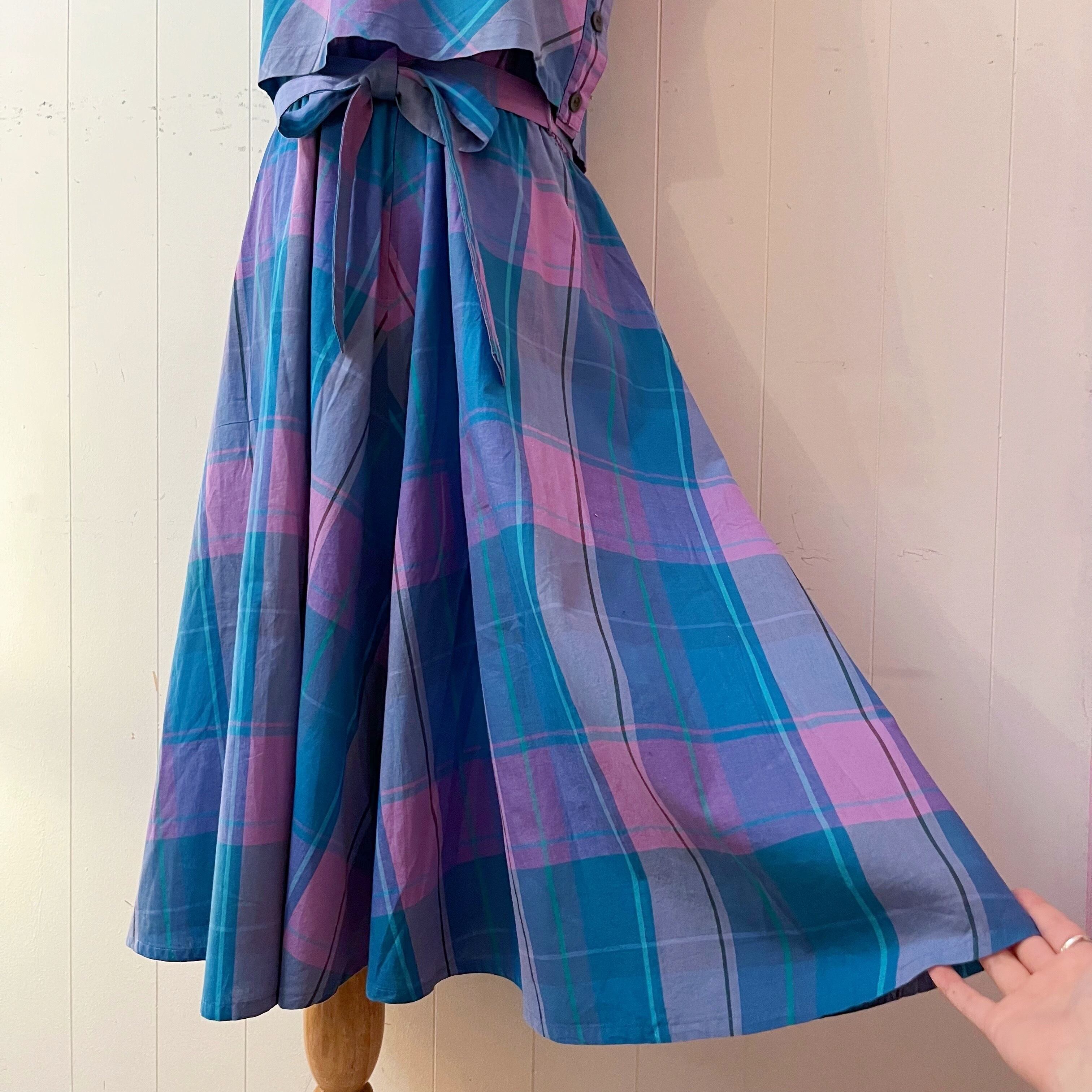 blue pink check ensemble one-piece