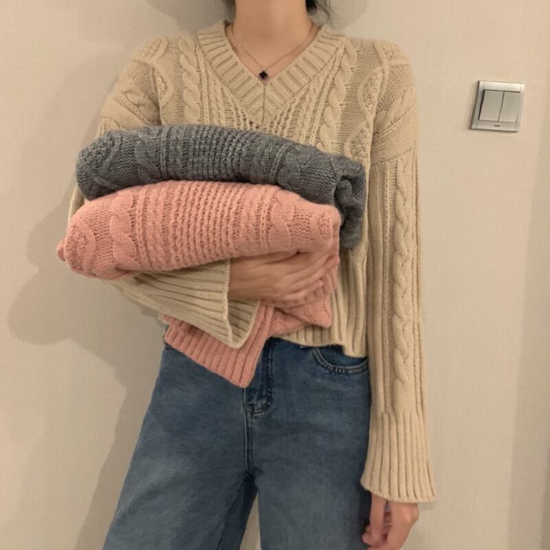 スタンダードプルオーバー Vネックカラーニットセーター レディース ロング レトロ ピュア 1号婦人86219699343