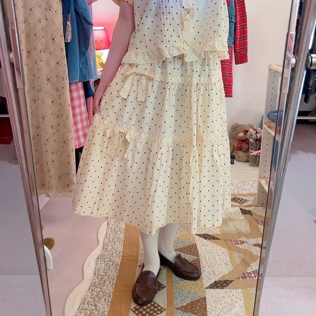 cream brown dot blouse & skirt set up
