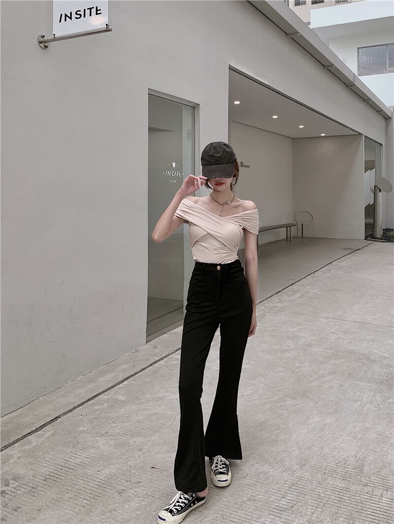 パンツ ハイウェストウェストサマー薄手ブラック レッド 夏物 シルク ブラックストロベリース86162836184