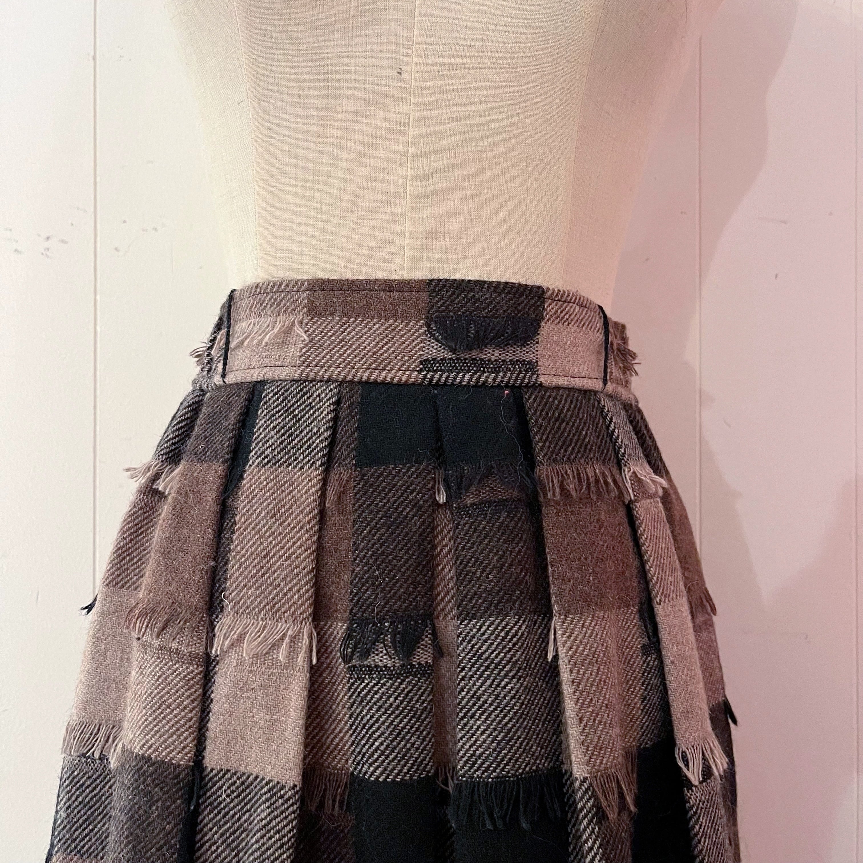 block check fringe wool skirt