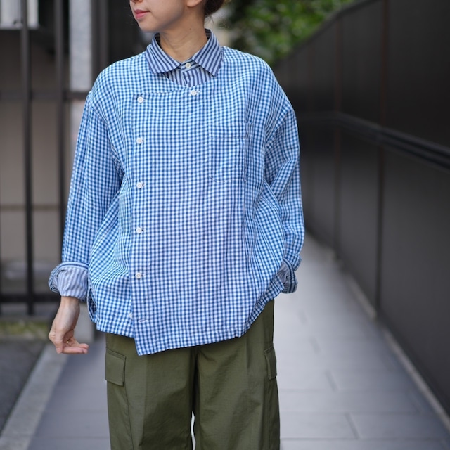 ts(s)ティーエスエスGingham Plaid Rayon Linen Cloth / Off-center Collarless Shirt Blue
