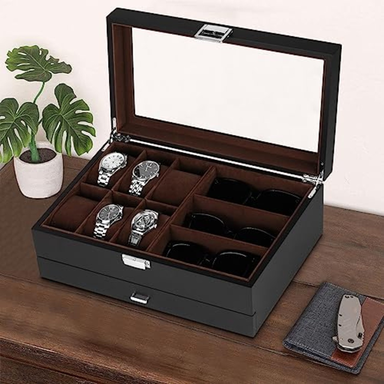 Baskiss 高級2層木製時計ケース 腕時計・眼鏡・ジュエリー収納ボックス 腕時計6本 サングラス7本 アクセサリー・指輪・ブレスレット収納可能 コレクションケース (腕時計6本・メガネ7本)