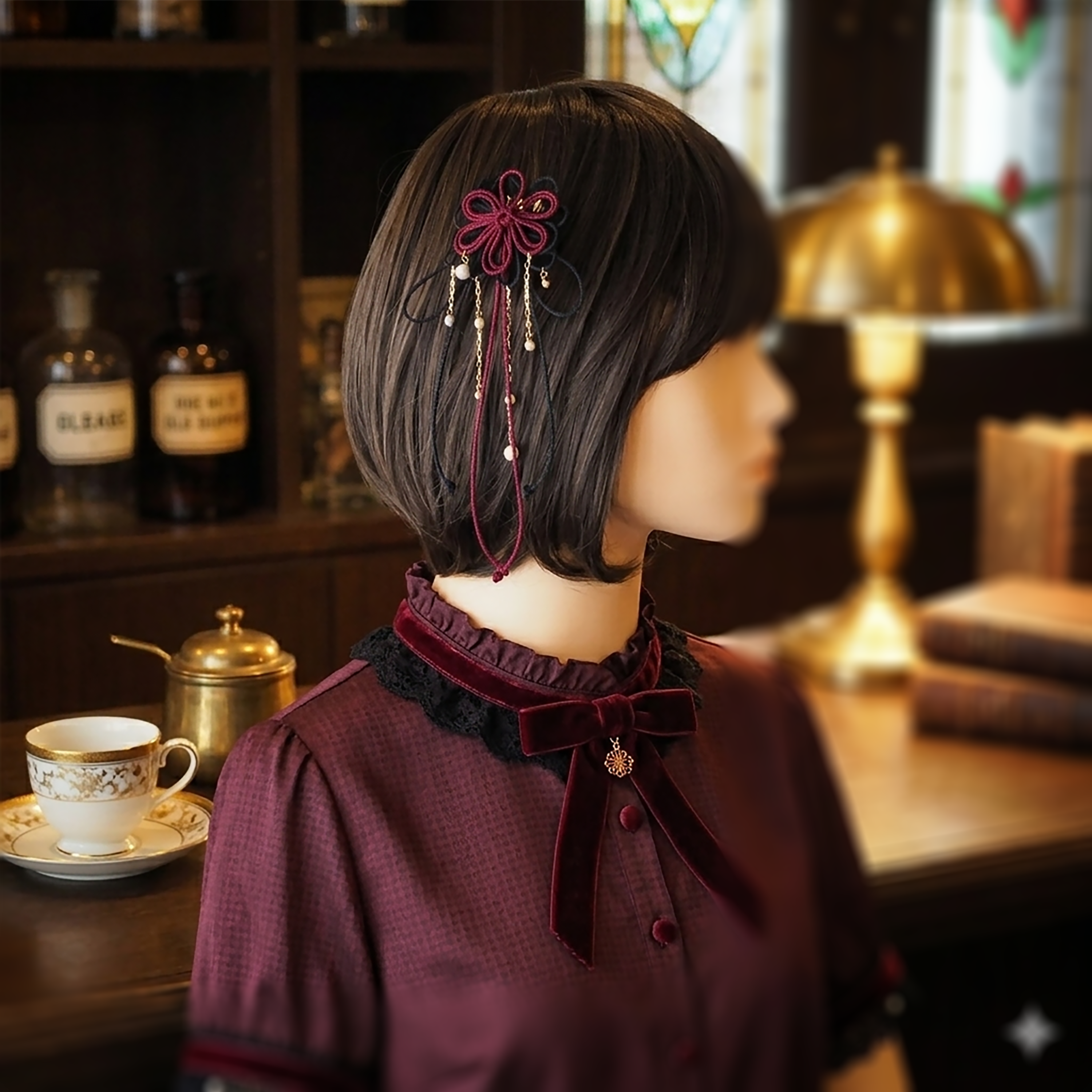 飾り結びヘアコーム(小)「爛、其レハ」(臙脂×黒)【軽量で簡単和装ヘア】浴衣・着物・七五三や成人式に。