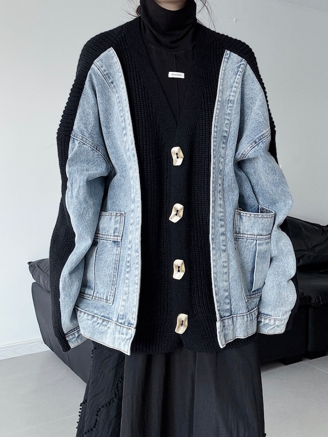 Faux layered denim knit cardigan [T2596]