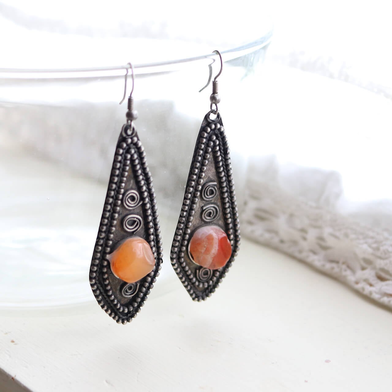 ウズベキスタン シルバーアクセサリー ピアス オレンジ ＊ 職人の