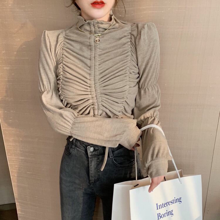 スプリングシャツ トップス スタイルギャザープリーツショートスリムニットセーター レディース ロング 春物 ハンチェンe76088465365