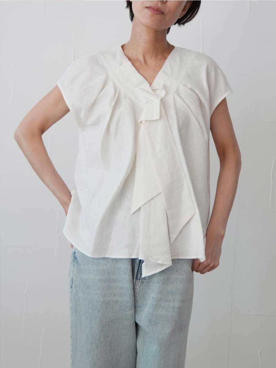 【SALE】412. PRIORITY/ プライオリティ アシメタックブラウス オフ/オートミール/ブラック(P62120JT)